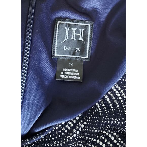JH EVENINGS Womens Size 14 Blue White Silver Glitter Long Sleeve Shift Dress - Picture 8 of 8